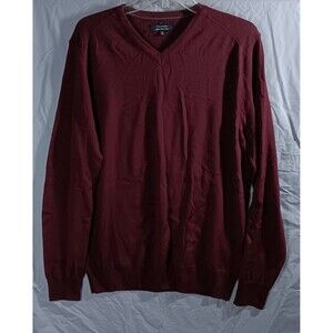 Tahari Mens Medium Italian Merino Wool Sweater Shirt Knit Burgundy V Neck Italy